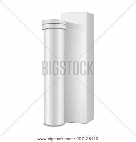 Vector template of white plastic bottle with cap for medicine, pills, tabs. Packaging mock up illustration for your design