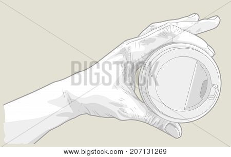 Hand drawn sketch of a hand holding paper cup of coffee