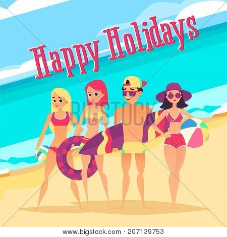 Happy holidays. Group of young people on beach. Summer vacation on sea. Vector illustration