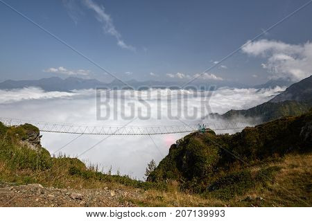 Beautiful landscape with suspension bridge in mountain