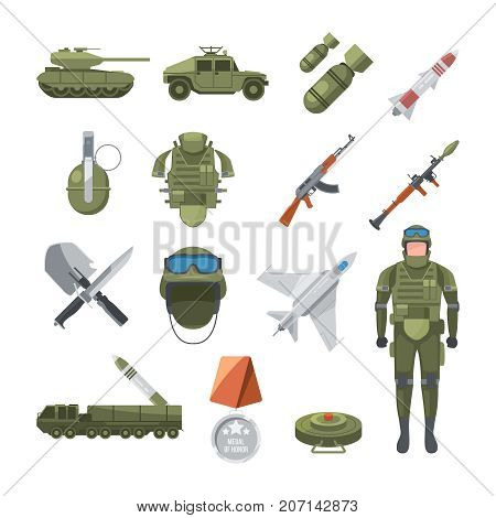 Icon set of police and army. Military illustrations of soldiers, and different weapons. Mlitary soldier, army, ammunition and grenade