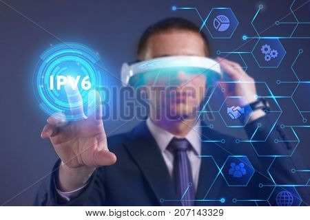Business, Technology, Internet And Network Concept. Young Businessman Working On A Virtual Screen Of