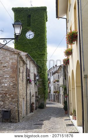 Frontino historic village in Montefeltro Pesaro Urbino Marches Italy). A street with the typical houses with plants and flowers