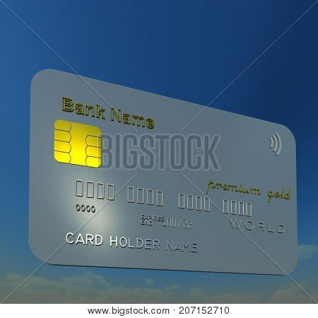 Bank card, credit card 3D illustration. Composite material texture on blue sky background. Collection.