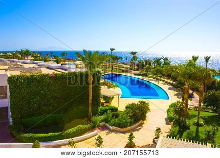 Sharm El Sheikh, Egypt - September 26, 2017: Buildings and Area Hotel Monter Carlo Sharm Resort and SPA at Sharm El Sheikh, Egypt on September 26, 2017