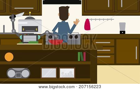Domestic robot helping his owner at kitchen. Personal robot preparing breakfast futuristic concept illustration vector.