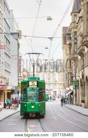 BASEL - AUGUST 25: Tram at the Gerbergasse street on August 25 2017 in Basel Switzerland.