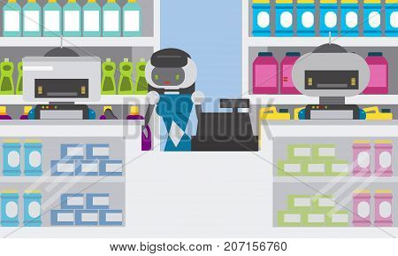 Domestic robot smart attendants at counter of household chemical goods shop, drug store. Personal household robot futuristic concept illustration vector.