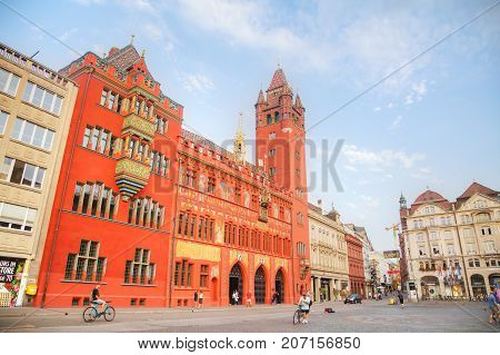 BASEL - AUGUST 25: Marktplatz with the Rathaus on August 25 2017 in Basel Switzerland.