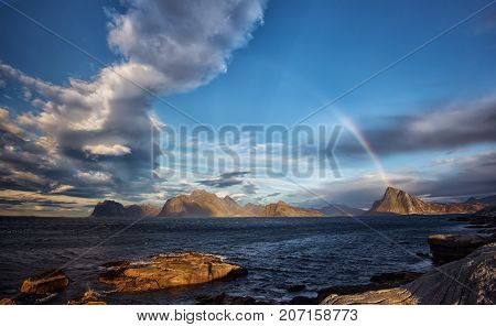 A Rainbow scene. Shot at Myrland in Flakstad island, Lofoten.
