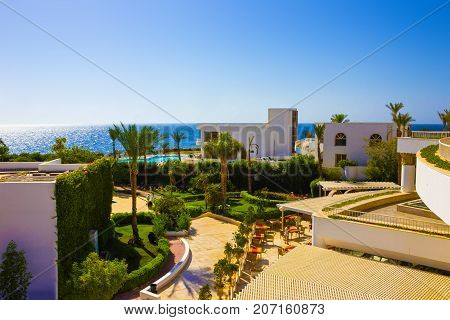 Sharm El Sheikh, Egypt - September 26, 2017: Buildings and Area Hotel Monter Carlo Sharm Resort and SPA at Sharm El Sheikh, Egypt on September 26, 2017