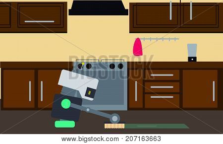 Domestic Robot cleaning kitchen floor. Personal robot housekeeping futuristic concept illustration vector.