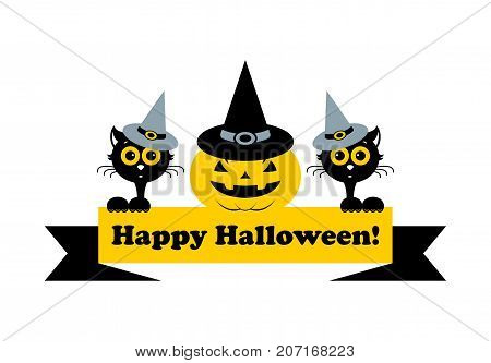 Halloween cats and pumkin icon or logo in modern line style. Vector illustration