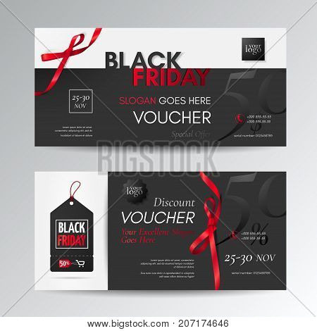 Vector set of elegant discount vouchers for black friday sale with a tag, red small bows and ribbons. Layout for gift cards, coupons and certificates. Isolated from the background.