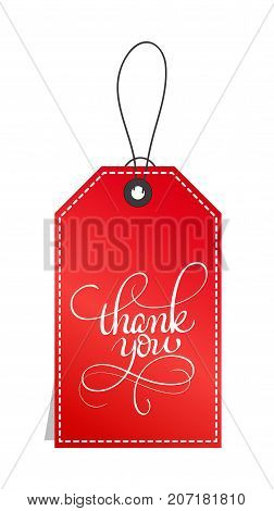 red paper gift tags with text Thank you. Calligraphy lettering hand made text. Vector illustration EPS10.