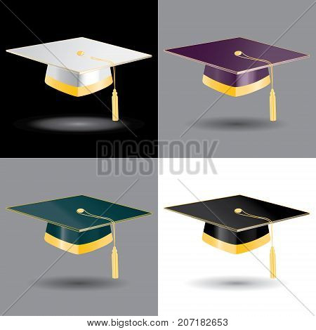 Graduation student caps with golden elements. Set lines illustrations