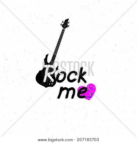 Rock music banner. Musical sign background. Rock lettering with heart and guitar. Hard Rock label.