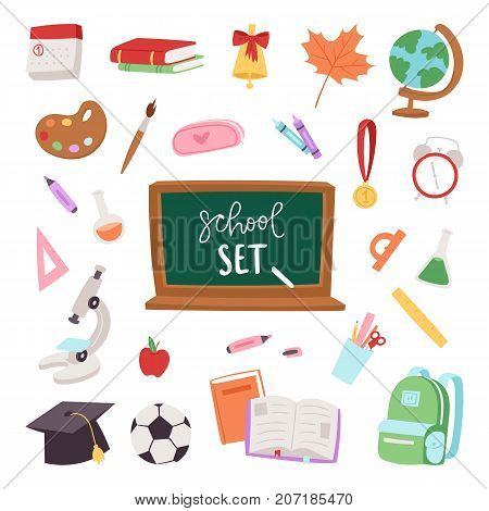 School supplies icons symbols isolated equipment vector illustration.. School learning art graduation symbols. School board, chalc, hat