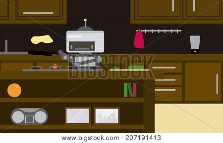Domestic robot preparing omelette in pan at modern kitchen. Personal robot chef futuristic concept illustration vector.