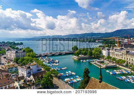 View on Zurich lake and Limat from Grossmunster in Zurich