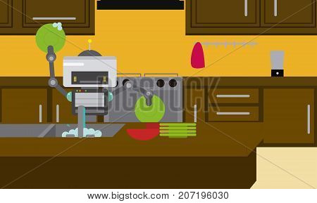 Domestic robot washing dishes in the kitchen. Personal robot housekeeping futuristic concept illustration vector.