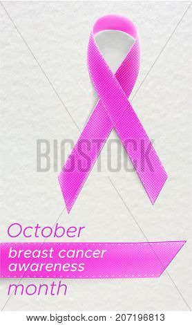 Vector realistic satin pink ribbon sign to illustrate october as woman female breast cancer awareness month poster card design isolated