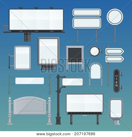 Advertisement billboards and outdoor templates. Business poster promotion areas vector set. Commercial empty vector blank outside communication.