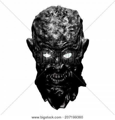 Vampire grim head. 3D illustration in genre of horror. Scary character face in black and white color.
