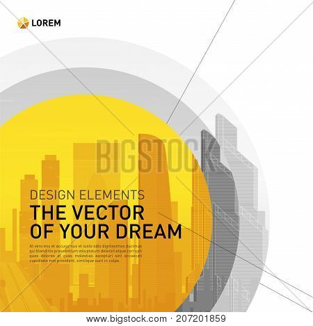 Design element for corporate graphic layout. Modern abstract geometry background template design whith colored cityscape vector illustration for investment, business, real estate, construction.