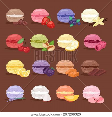 Macarons tasty cake set different colors macaroon s with fruit vector illustration. Dessert fruit macaroon and sweet cake traditional sweet macaroon biscuit dessert france delicious.