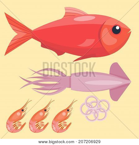 Fresh seafood flat vector illustration fish gourmet delicious restaurant cooking gourmet sea food meal. Marine appetizer prepared tasty mediterranean cuisine.