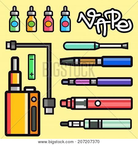 Vape device vector set cigarette vaporizer vapor juice vape bottle flavor illustration battery coil. Trend new culture electronic nicotine liquid. Smoking atomizer device e-liquid.