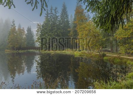 Morning fog near Bahnak ponds in autumn Kladska village