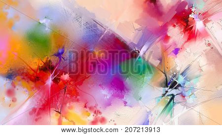 Abstract colorful oil painting on canvas. Semi- abstract image of flowers in yellow and red with blue color. Hand drawn brush stroke oil color paintings. Modern art oil paintings for background
