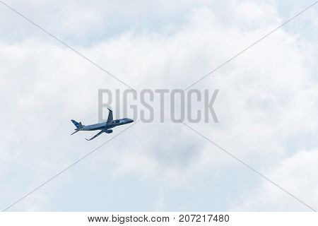 BOSTON USA 06.09.2017 Airline jetblue airplane take off at Logan International Airport Massachusetts, USA cloudy sky
