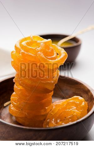 Stock photo of Jalebi or Jilbi or imarati, indian sweet food fried in pure ghee, selective focus