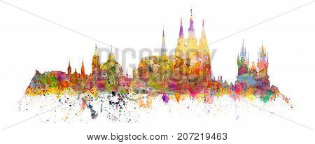 Famous landmarks of Prague - Hradcany - Cathedral of Saint Vitus church of saint Nikolas church of Virgin Mary front Tyn - watercolors art print