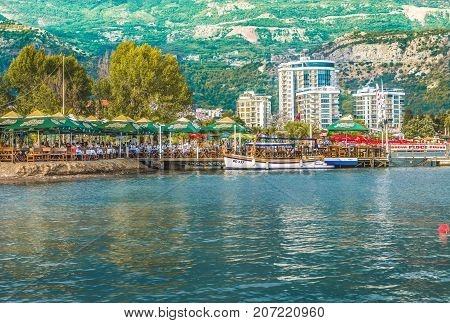 Budva, Montenegro - August 20, 2017: Fragment of the embankment of the Gulf of the Adriatic Sea in Budva, Montenegro, where the most popular beaches are located on the Budva Riviera.