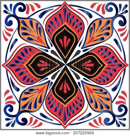 Drawing of a floral mandala in blue orange and red colors on a white background. Hand drawn tribal vector stock illustration