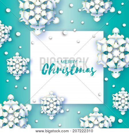 White Origami Snowfall. Merry Christmas Greetings card. White Paper cut snow flake. Happy New Year. Winter snowflakes. Square frame. Space for text. Holidays. Blue background. Vector illustration.