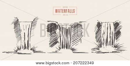 Set of the beautiful waterfalls, hand drawn vector illustration, sketch