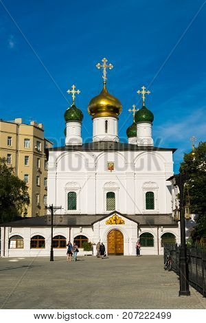 Moscow, Russia - July 24. 2017. Cathedral of Meeting of Icon of Mother of God of Vladimir in the Sretensky Monastery