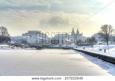 MINSK BELARUS - January 18.2017: City landscape. Svislach river bank in the city center