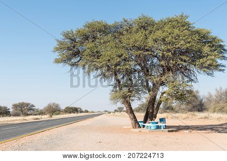 A picnic spot under a camel-thorn tree next to the B1-road near Rehoboth a town in the Hardap Region of Namibia