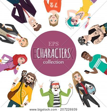 A set of several a variety female and male of different age and style. Bright girl in Cartoon style. Self-expression and diversity in modern society. Diversity hobbies and style.