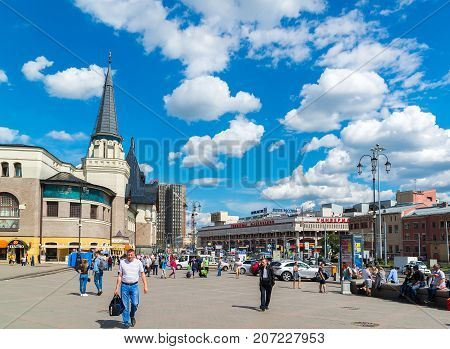Moscow, Russia - July 24. 2017. people are walking along Komsomolskaya square near the Yaroslavsky railway station