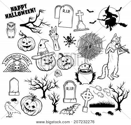 Set of Halloween Characters pumpkins, witches silhouette, bats, cauldron, spiders and web, cat with violin, evil-boding trees, zombie hand, headstones, crow owl mouses