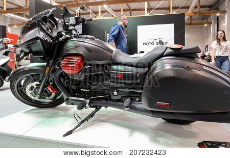 CRACOW POLAND - MAY 20 2017: Moto Guzzi MGX 21 motorcycle displayed at MOTO SHOW in Krakow. Poland. Exhibitors present most interesting aspects of the automotive industry