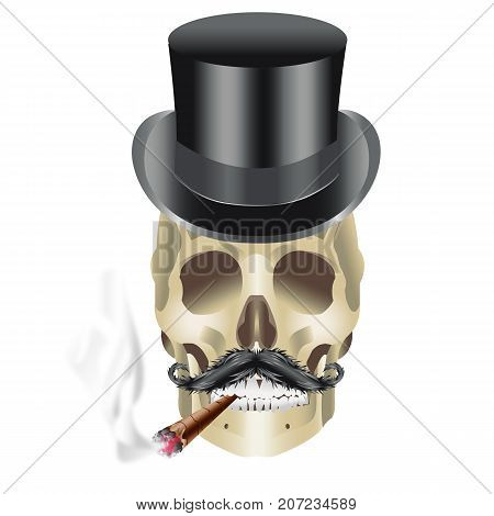 Human Skull Gangster with hat mustache smoking sigar illustration