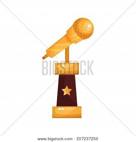 Golden retro microphone, music award statuette cartoon vector Illustration on a white background